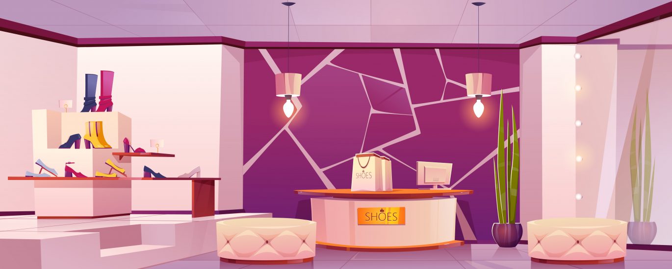 Shoes store interior with women footwear on shelves. Vector cartoon illustration of empty boutique inside, luxury shop with shoes on rack, poufs, mirror, shopping bags with boxes on counter