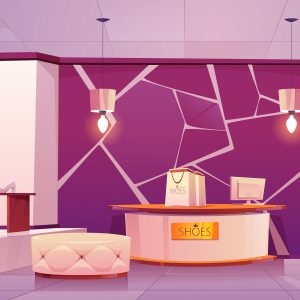 Shoes store interior with women footwear on shelves. Vector cartoon illustration of empty boutique inside, luxury shop with shoes on rack, poufs, mirror, shopping bags with boxes on counter