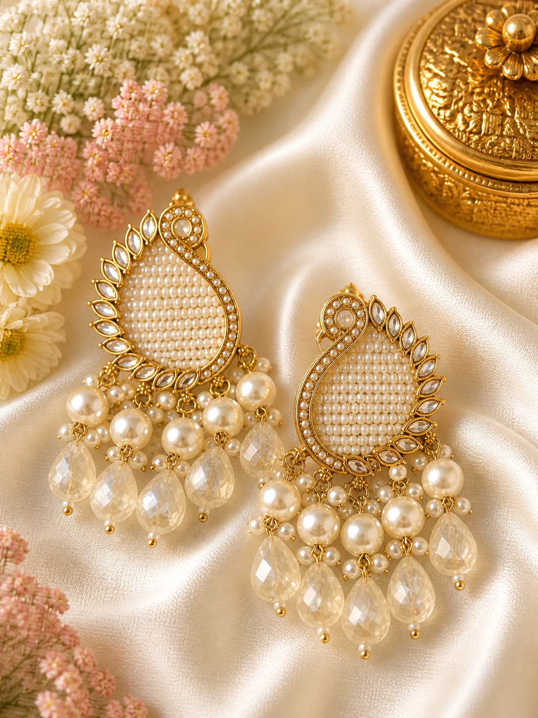 Ivory Pearl Paisley Statement Earrings