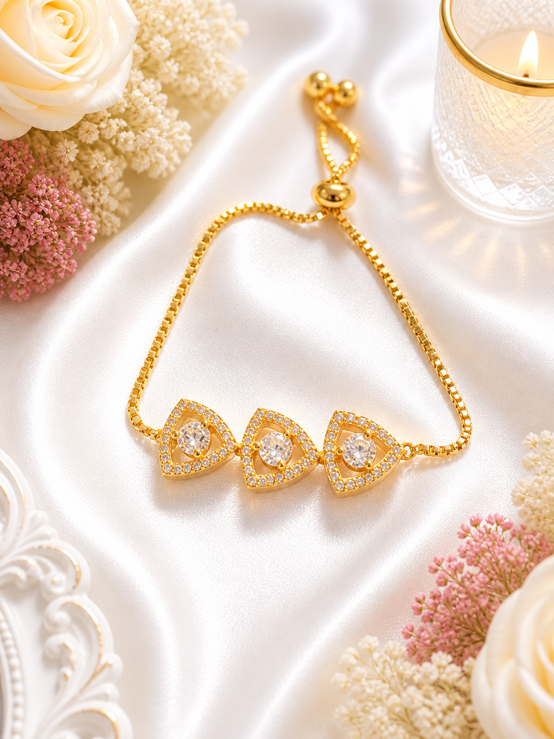 Elegant Gold Tri-Stone Adjustable Bracelet (Crystal Frame Collection) - Image 4